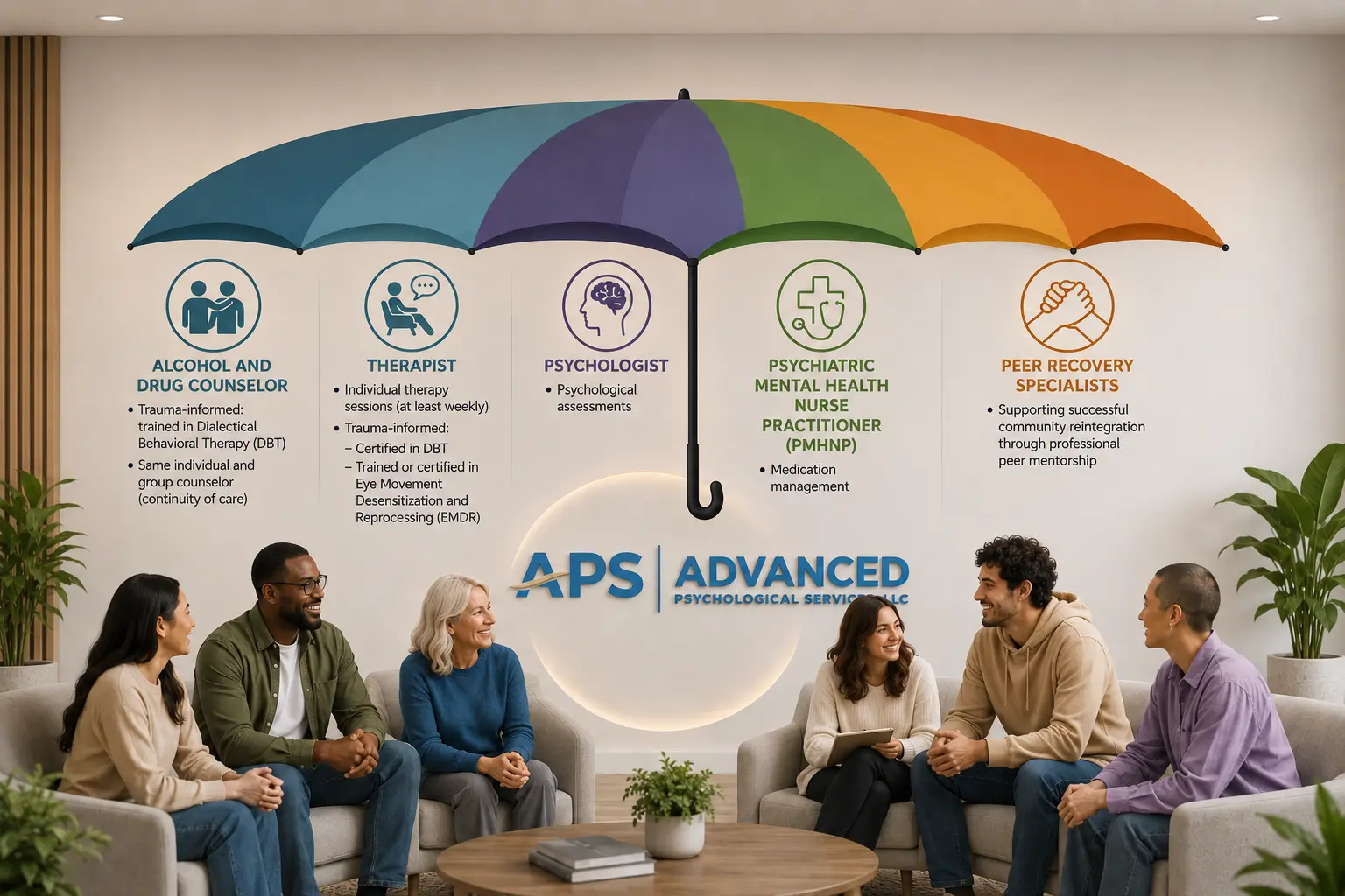 APS multidisciplinary treatment team with alcohol and drug counselor therapist psychologist psychiatric mental health nurse practitioner and peer recovery specialists under one umbrella